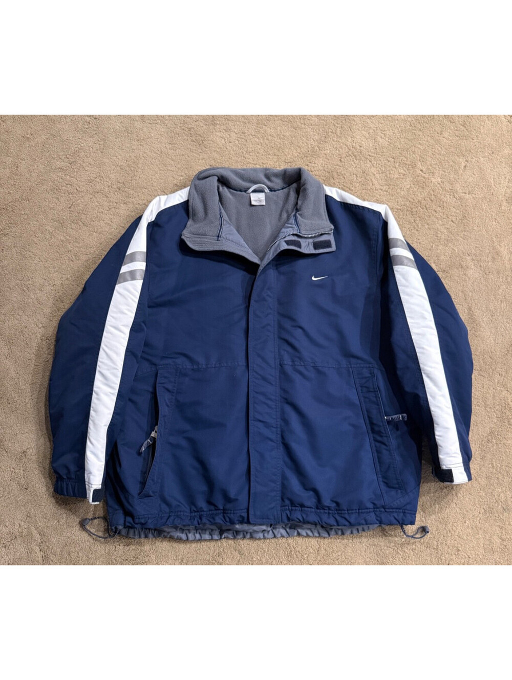 Vintage NIKE Fleece Lined Jacket Mens Large Navy Zip Pockets Reflective Stripes